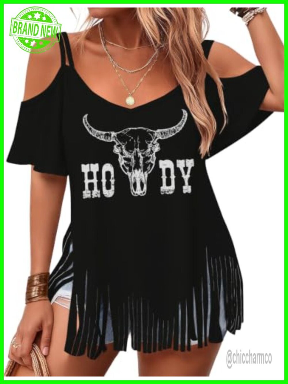 Western Cowgirl Cold Shoulder Fringe V-Neck T-Shirt Short Sleeve Top